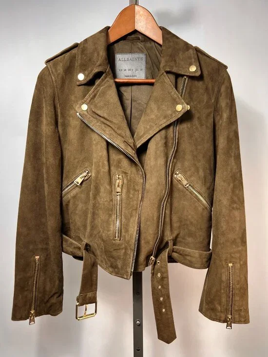 ALL SAINTS Olive Suede Balfern Biker Jacket size 6 - Picture 5 of 8